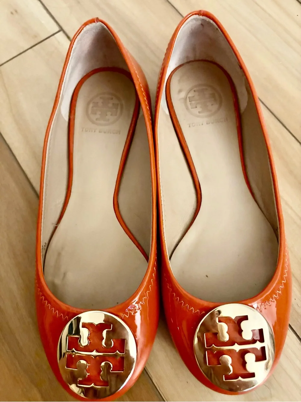 Tory Burch Orange Patent Leather Logo Flats